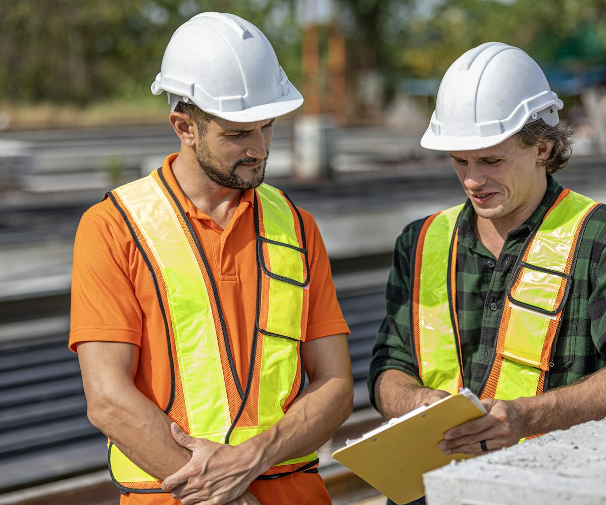 Safety professionals reviewing documentation together on site